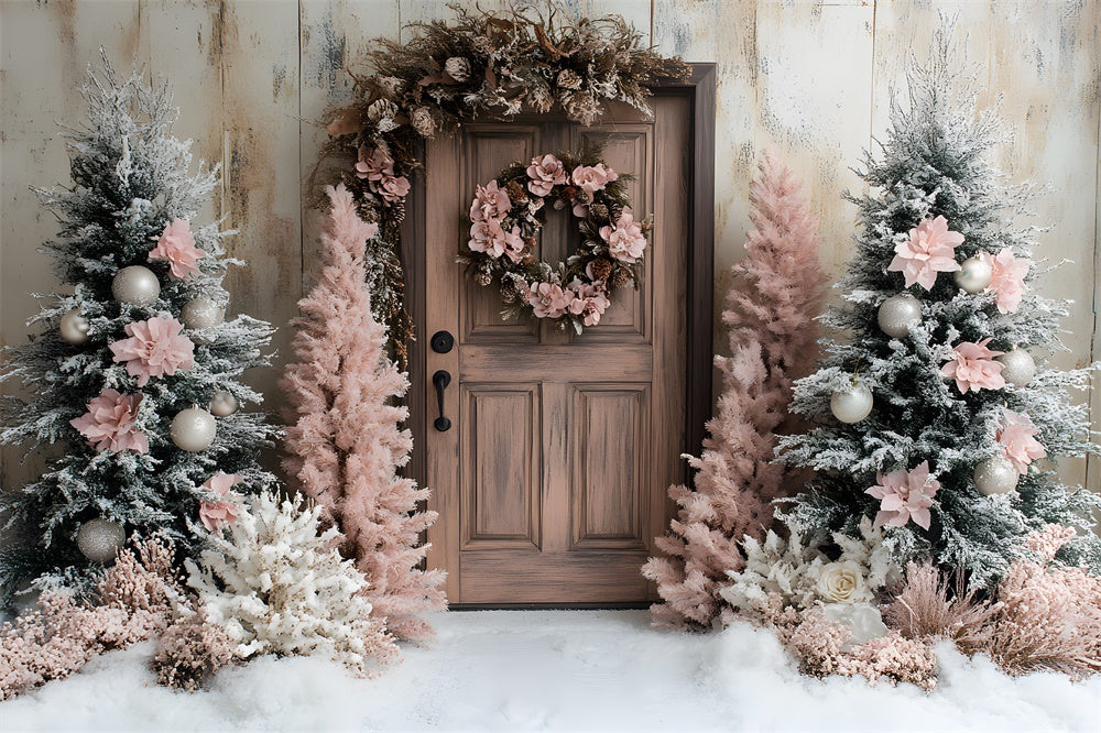 Sfondo Di Neve Con Porta Ghirlanda Di Albero Di Natale Rosa RR9-45