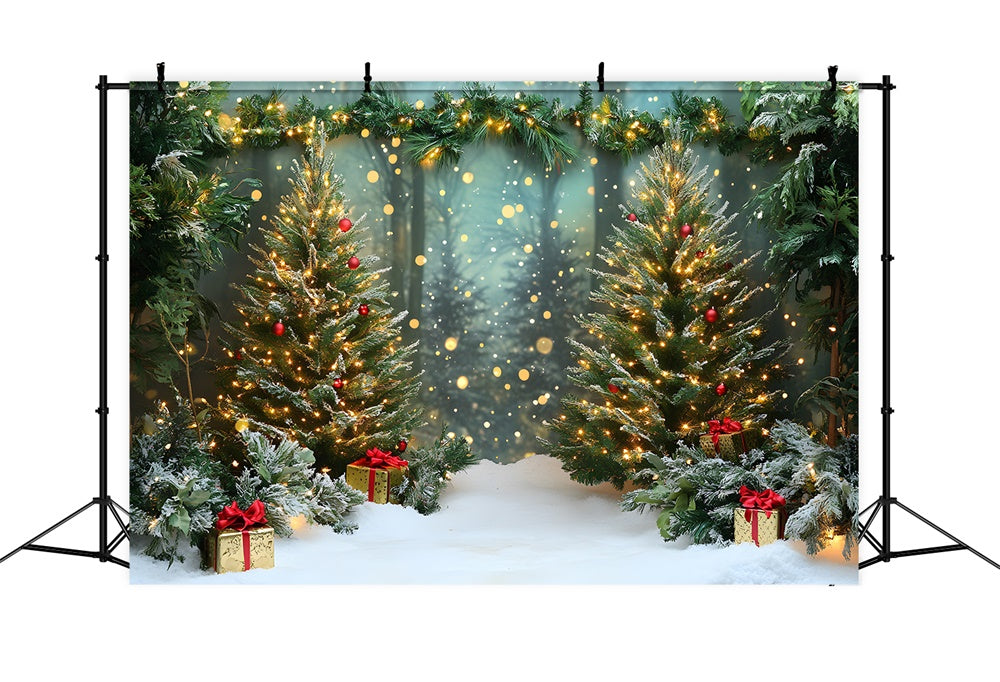 Sfondo Di Alberi Luminosi Della Foresta Innevata Di Natale RR9-46