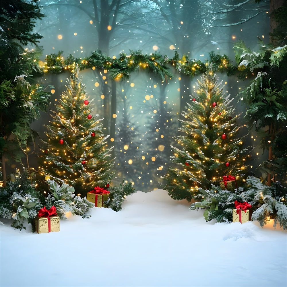Sfondo Di Alberi Luminosi Della Foresta Innevata Di Natale RR9-46