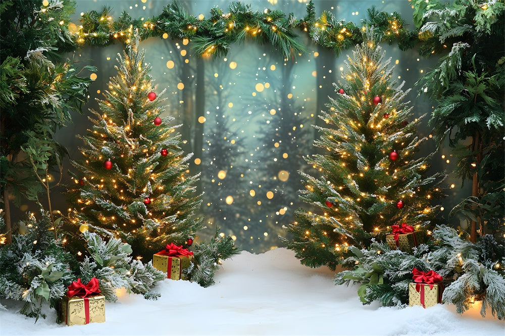 Sfondo Di Alberi Luminosi Della Foresta Innevata Di Natale RR9-46