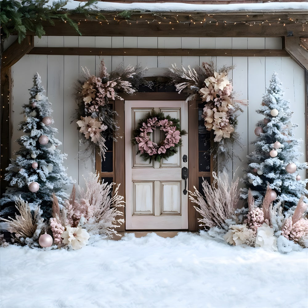 Sfondo Di Alberi Con Ghirlanda Da Muro Per Porta Decorata Con Decorazioni Natalizie RR9-48