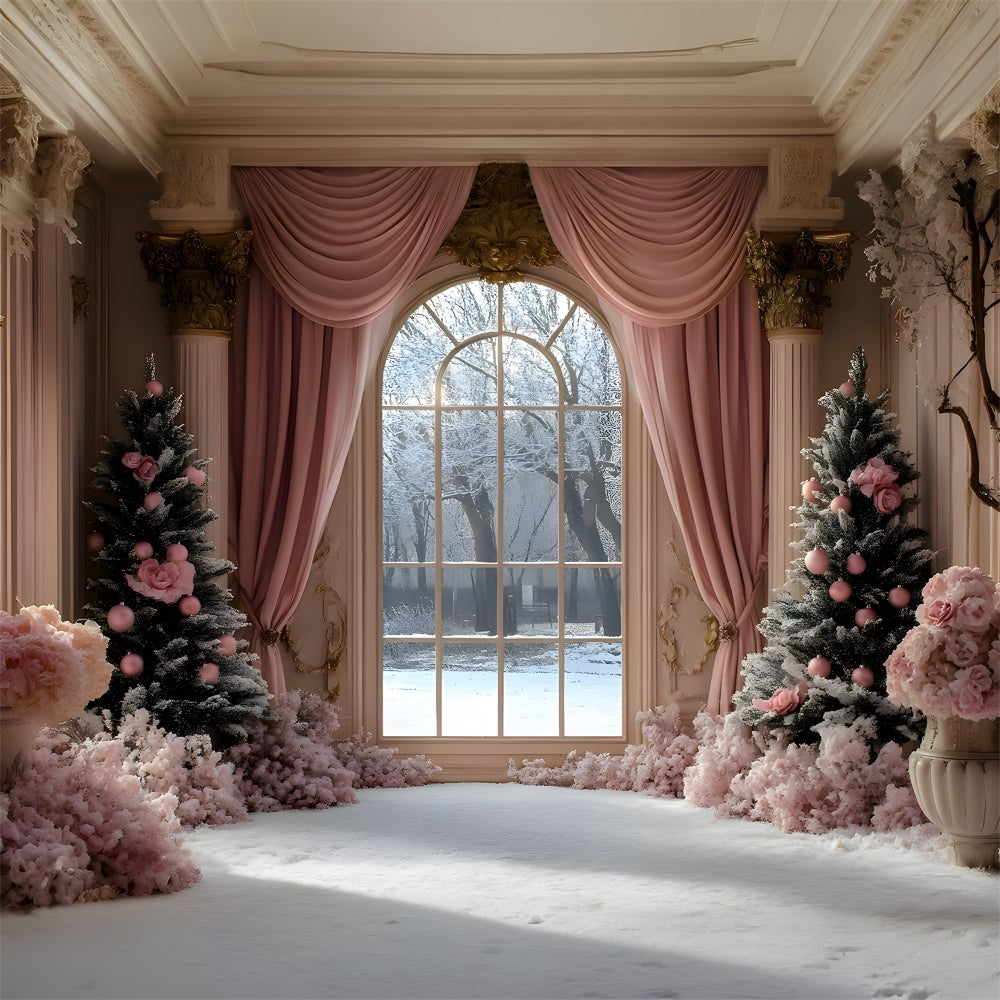 Sfondo Con Vista Sulla Finestra Con Tenda Rosa Per Albero Di Natale RR9-49