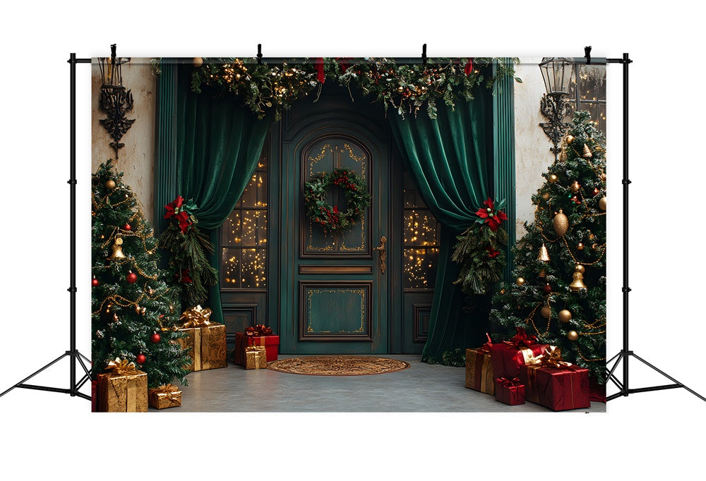 Sfondo Della Tenda Per Porta Verde Della Stanza Retro Di Natale RR9-74