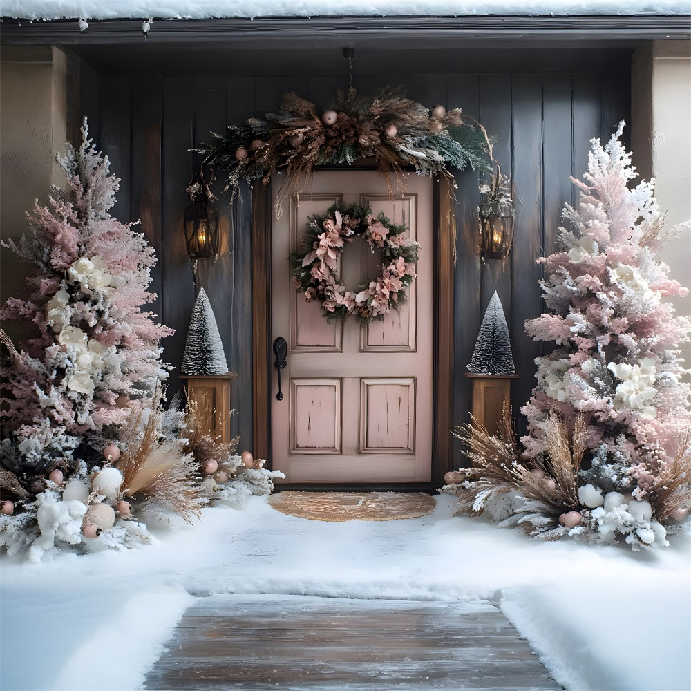 Sfondo Di Neve Con Porta Ghirlanda Di Alberi Di Natale Rosa RR9-77