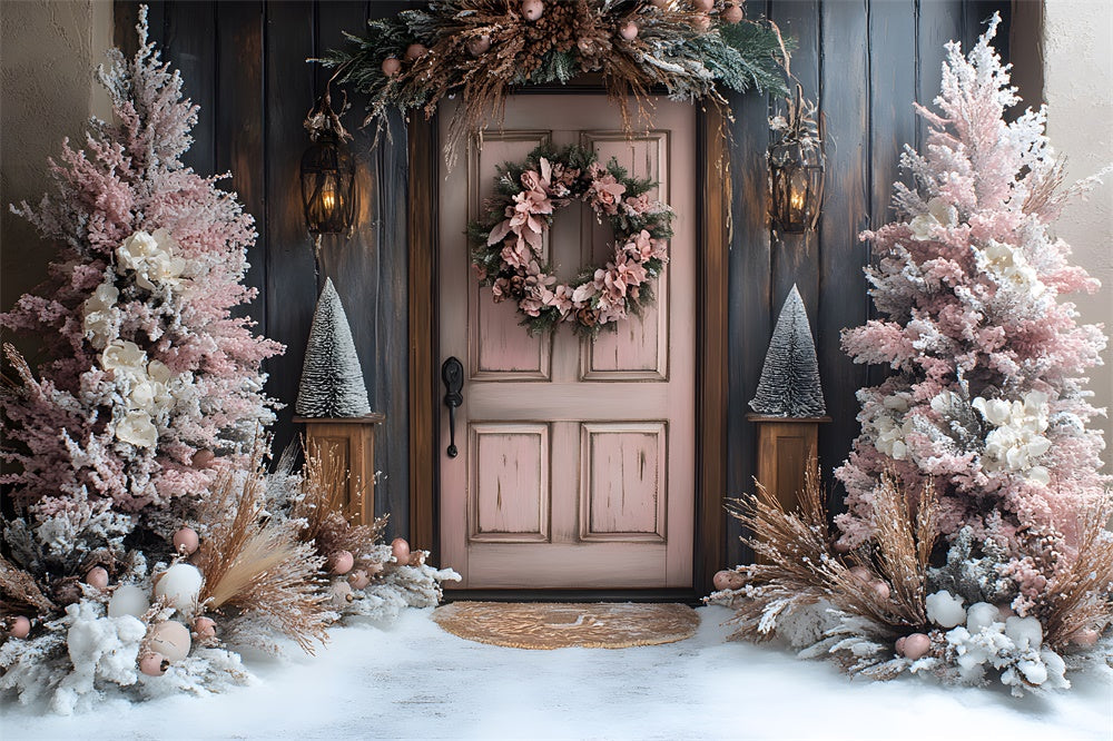 Sfondo Di Neve Con Porta Ghirlanda Di Alberi Di Natale Rosa RR9-77