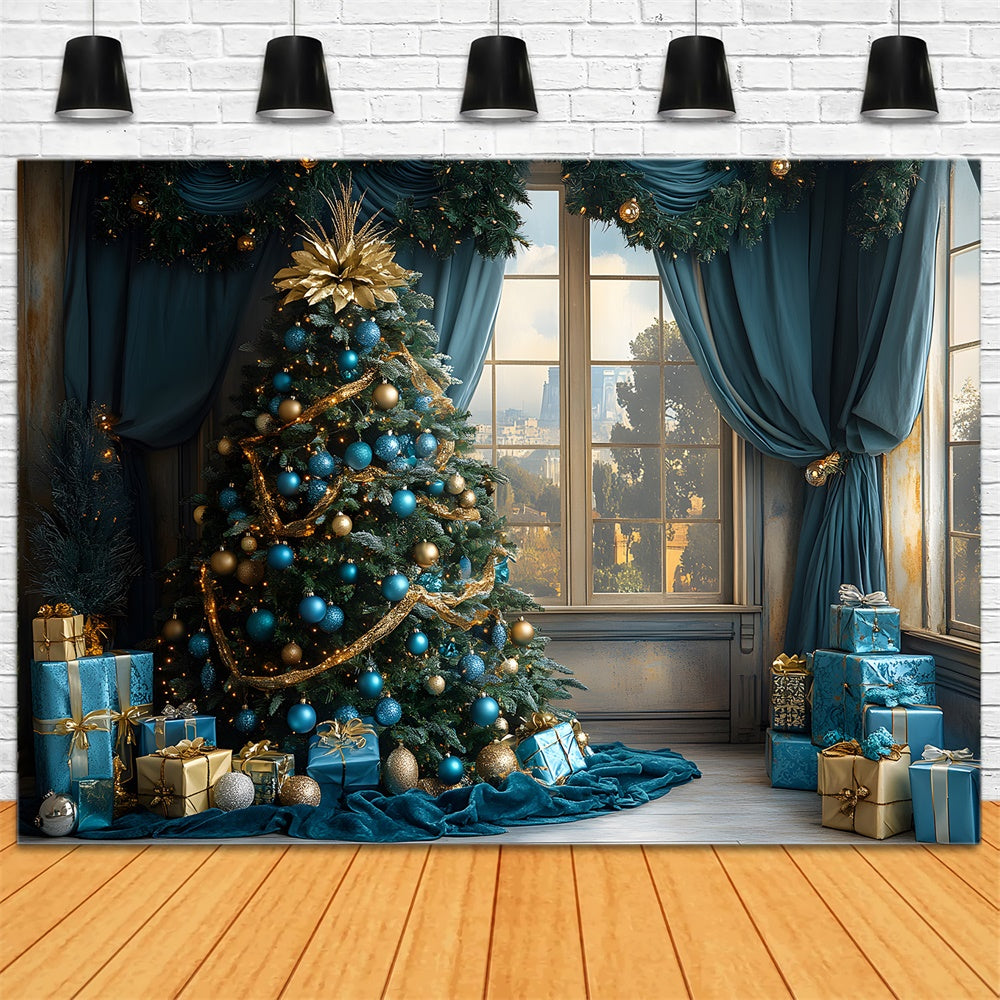 Pallina Di Natale Blu Albero Finestra Vista Citta Sfondo RR9-78