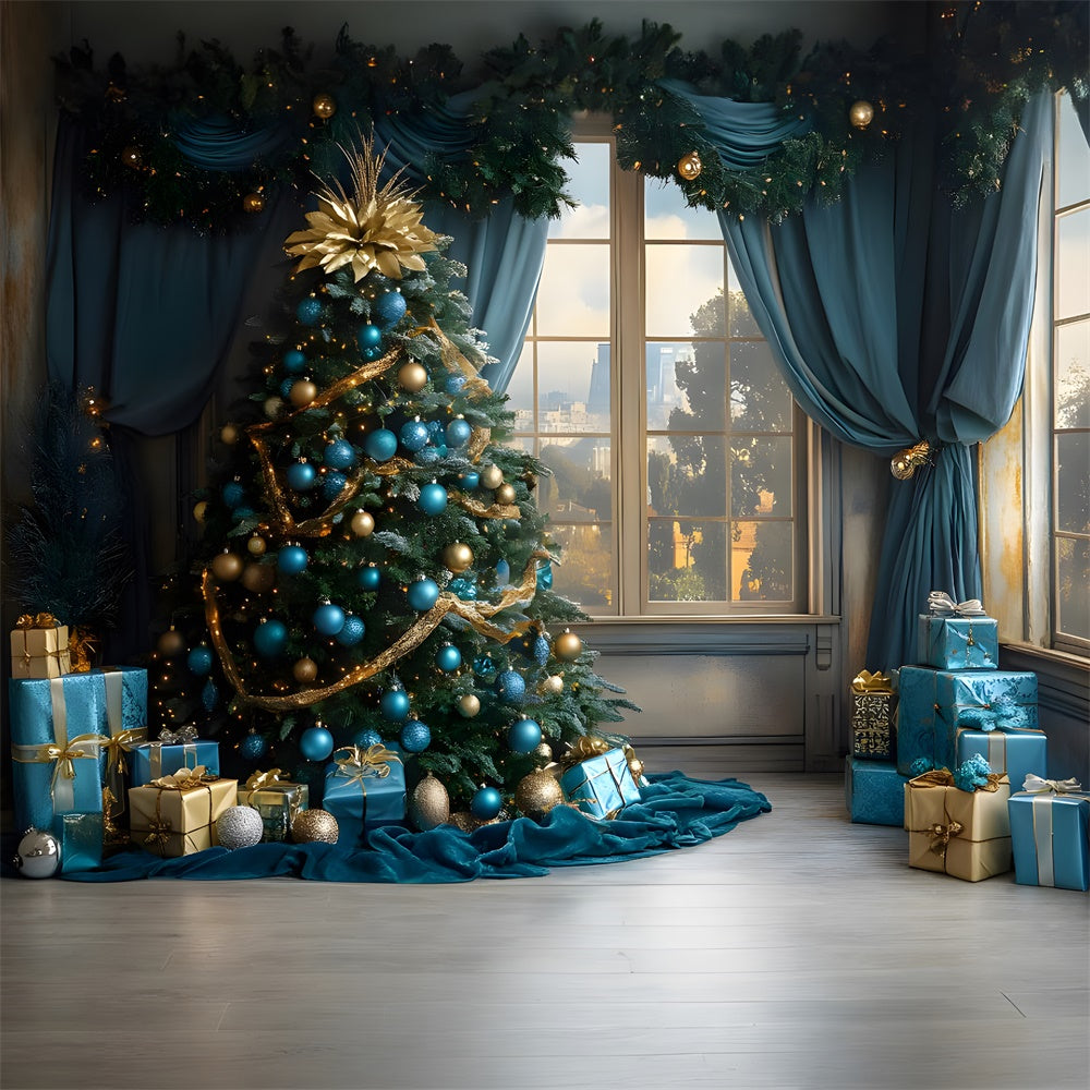 Pallina Di Natale Blu Albero Finestra Vista Citta Sfondo RR9-78