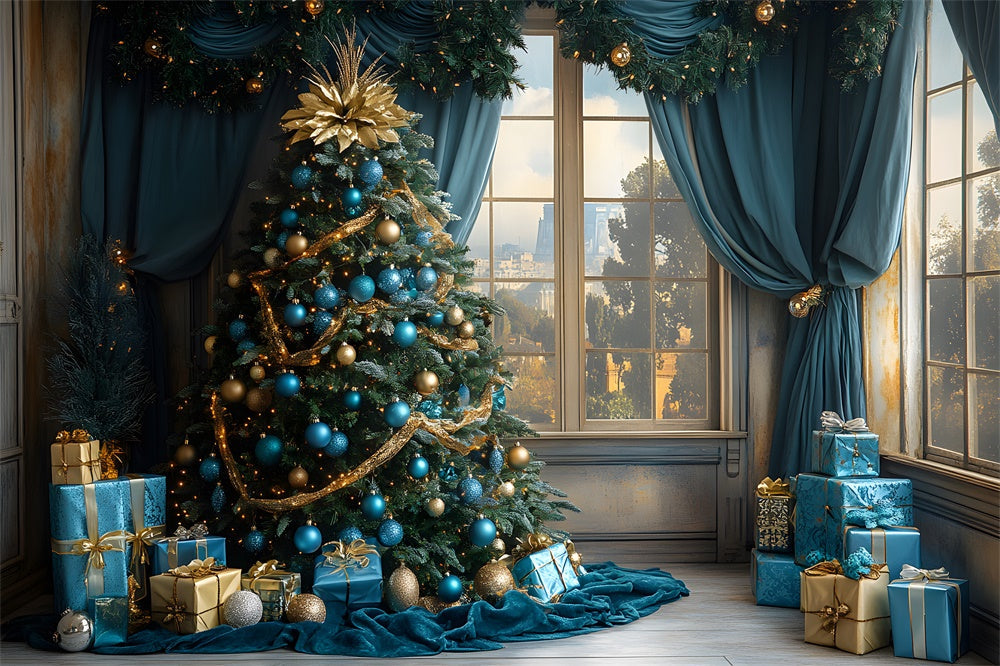 Pallina Di Natale Blu Albero Finestra Vista Citta Sfondo RR9-78