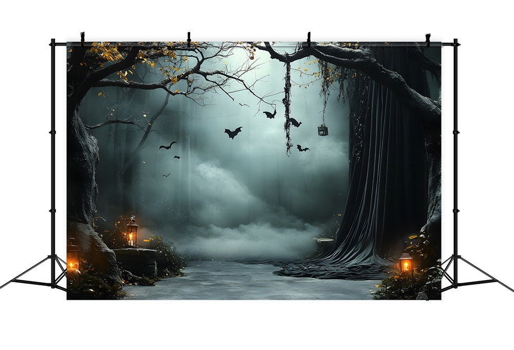 Sfondo Di Halloween Con Alberi Nebbiosi Pipistrelli E Lanterne RR9-91