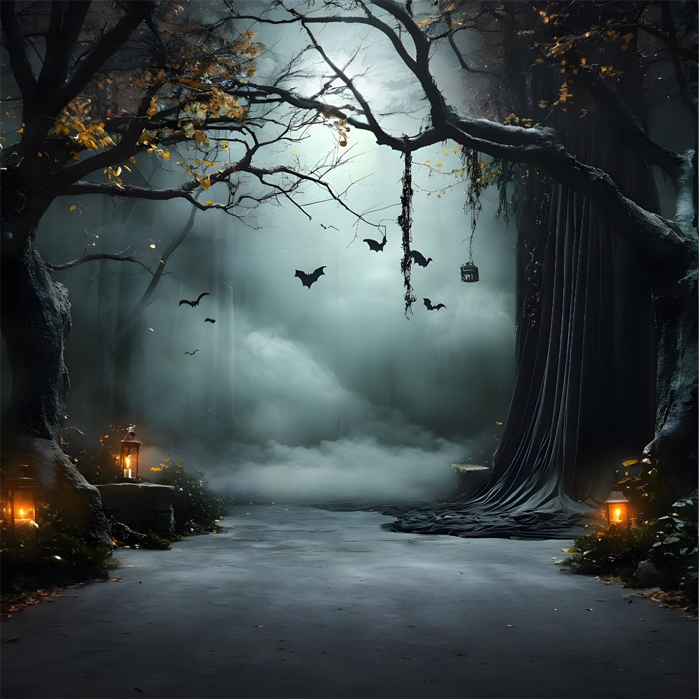 Sfondo Di Halloween Con Alberi Nebbiosi Pipistrelli E Lanterne RR9-91