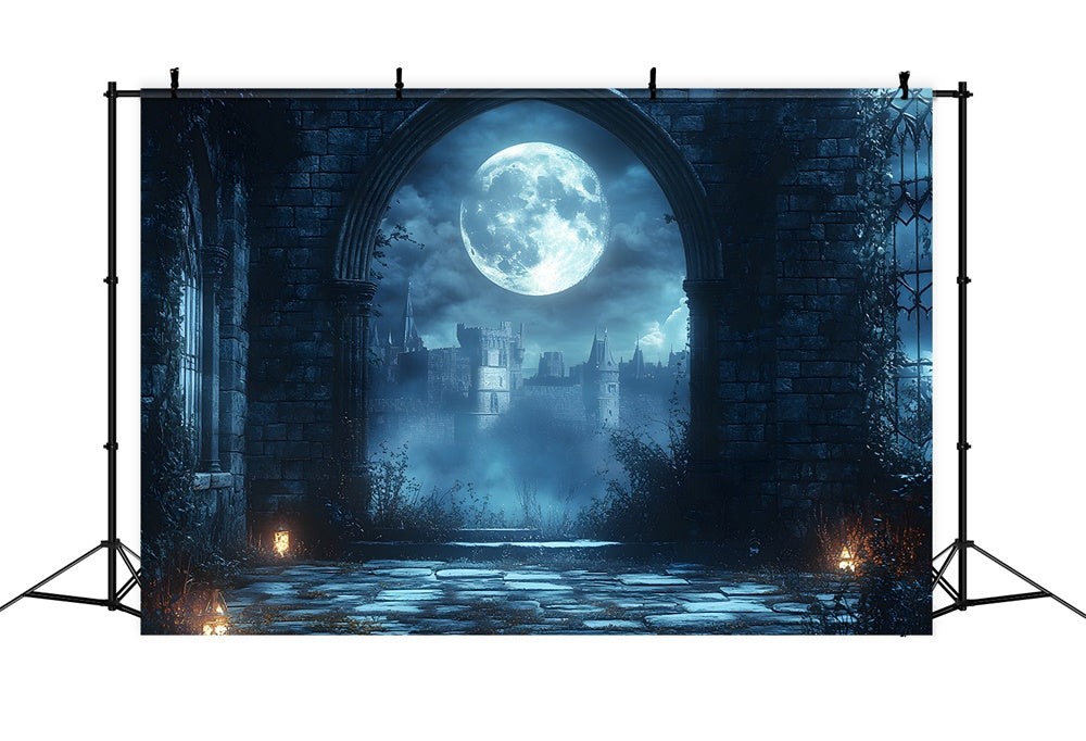 Sfondo Della Porta Ad Arco Del Castello Della Luna Piena Di Halloween RR9-93