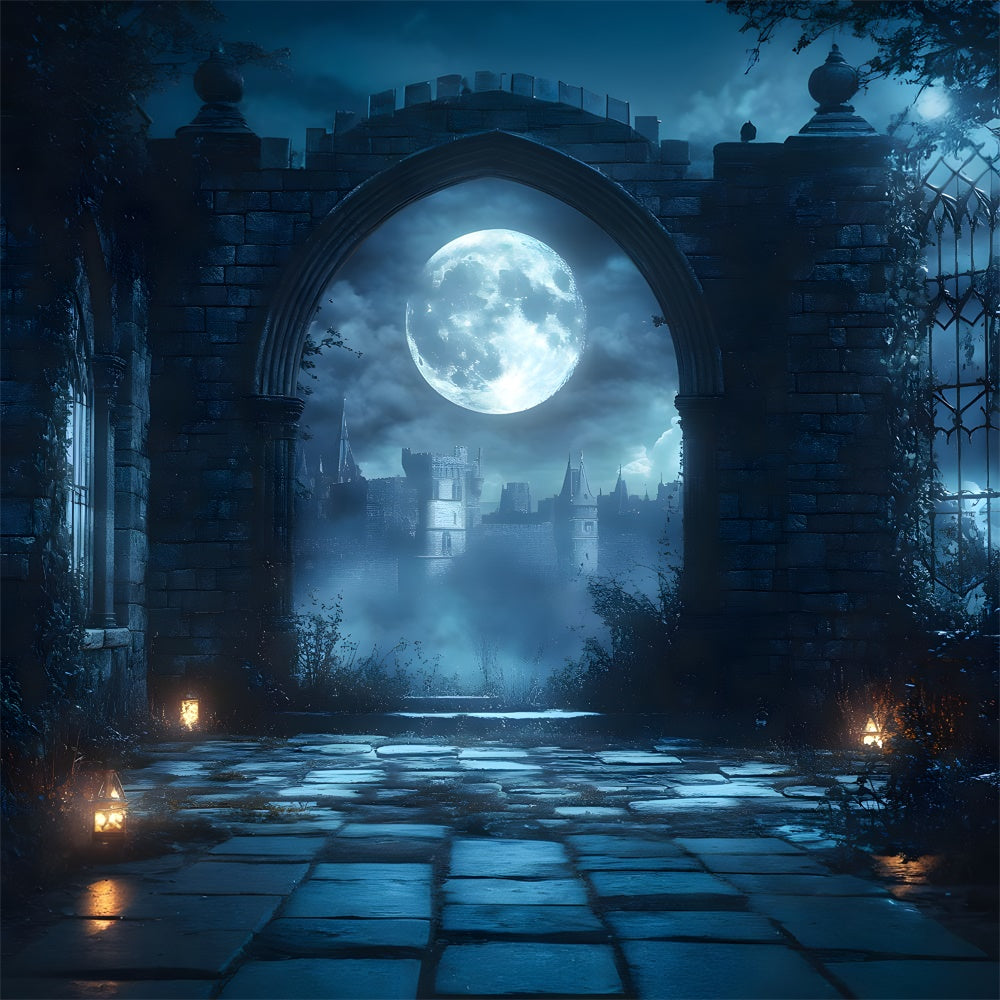 Sfondo Della Porta Ad Arco Del Castello Della Luna Piena Di Halloween RR9-93