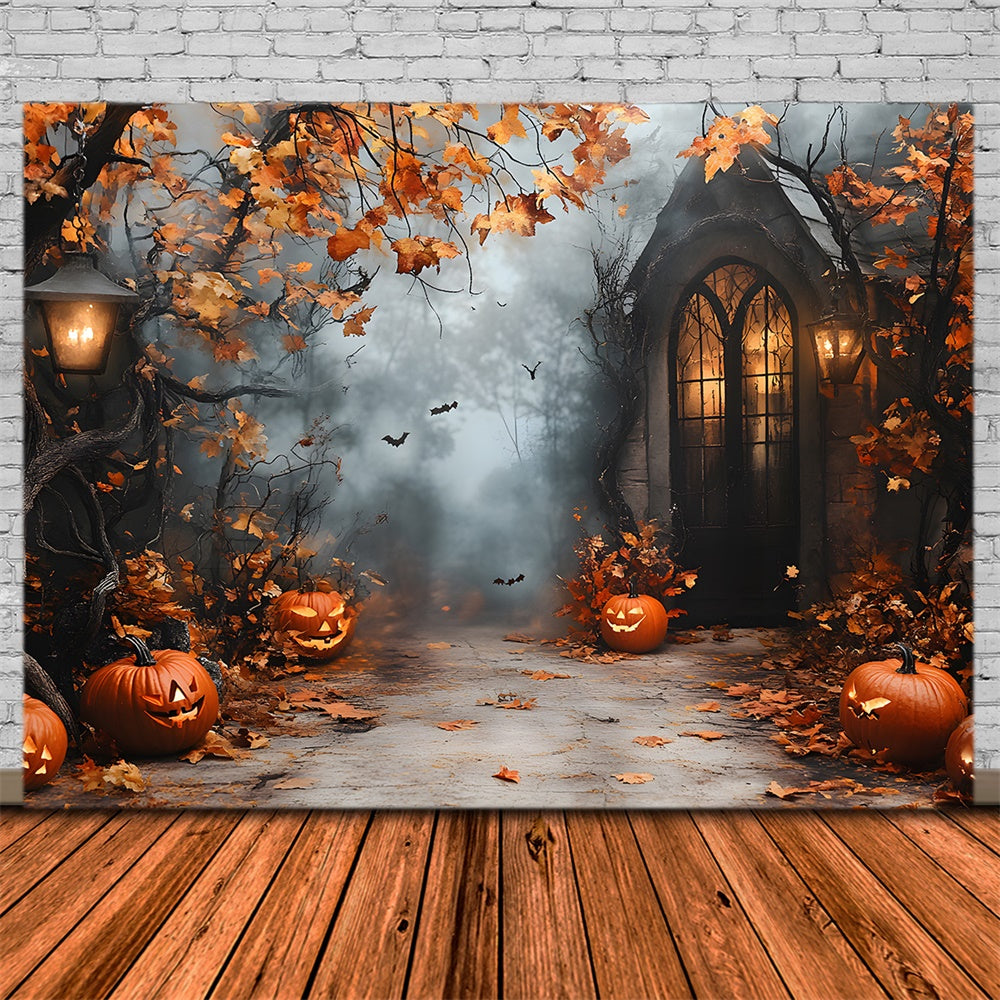 Sfondo Di Casa Di Zucca Con Foglie Di Acero Di Halloween RR9-95