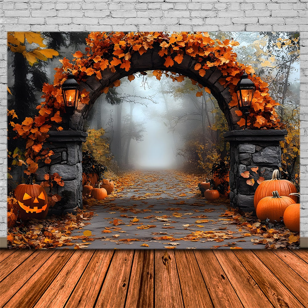 Sfondo Di Foglie Di Acero Con Arco In Pietra Di Halloween RR9-97
