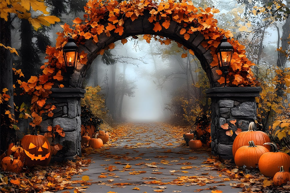 Sfondo Di Foglie Di Acero Con Arco In Pietra Di Halloween RR9-97