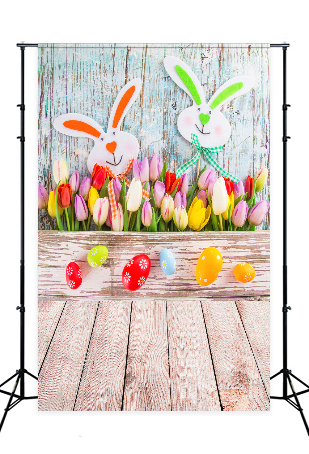 Sfondo Di Decorazioni Di Fiori Primaverili Di Uova Di Pasqua Coniglietto Per Studio Fotografico S-897
