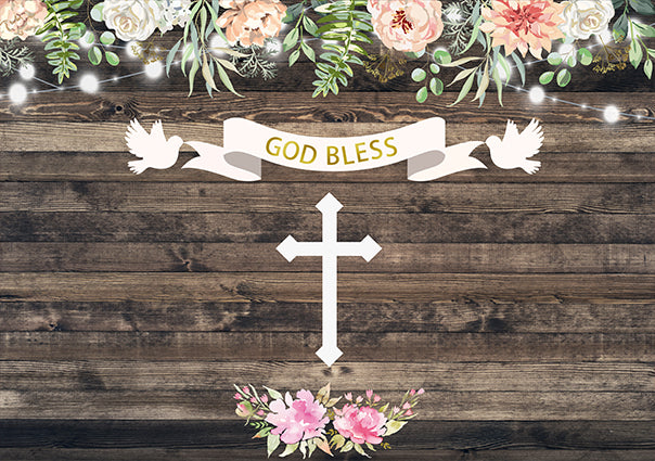 Sfondo Per Baby Shower Personalizzato In Legno Con Croce Di Fiori TKH1520